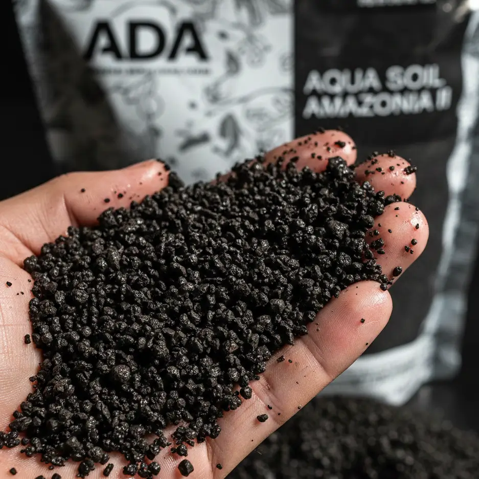 ADA Aqua Soil Amazonia granules close up showing porous texture for bacteria colonization compared to standard gravel