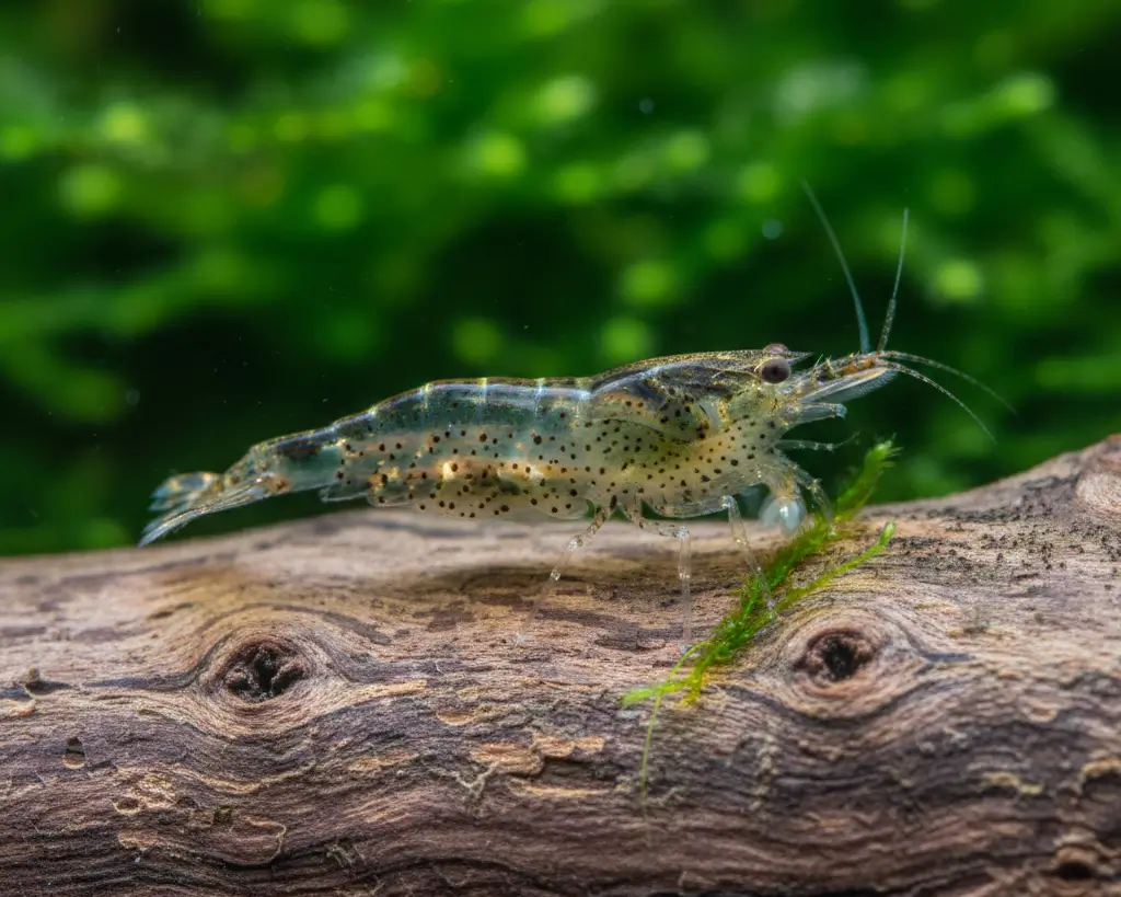 Amano shrimp Caridina multidentata eating algae on driftwood in planted tank