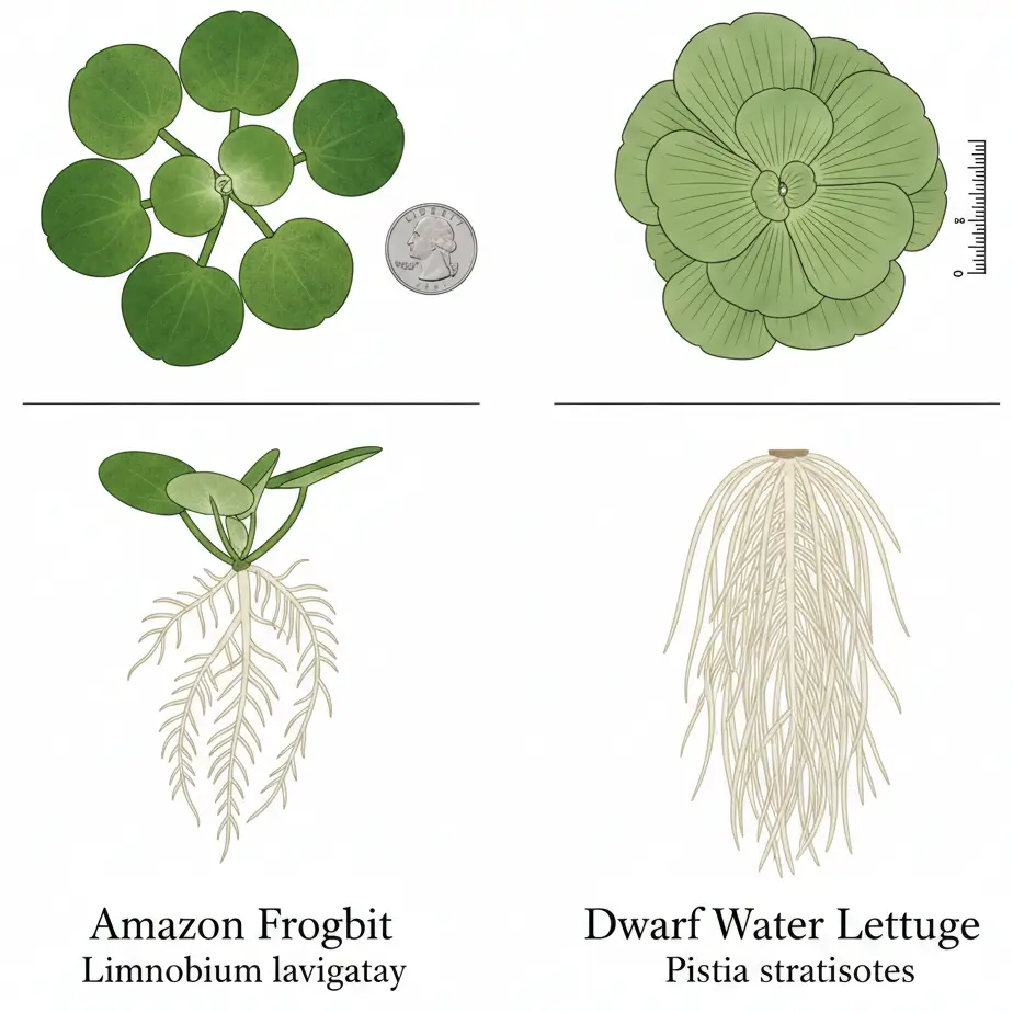 Amazon Frogbit vs Dwarf Water Lettuce comparison showing leaf shape
differences and root length—Frogbit has round leaves and 4-inch roots,
Water Lettuce has ribbed leaves and 10-inch roots