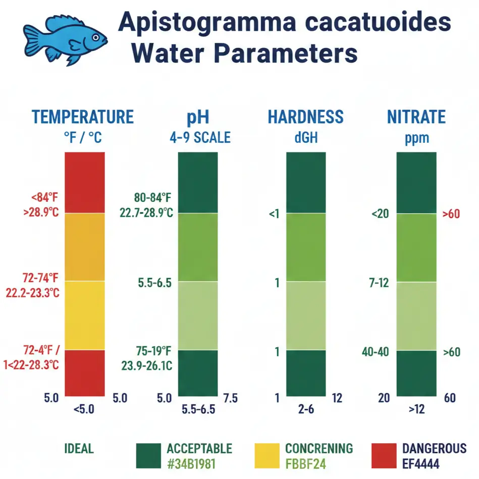 Apistogramma cacatuoides water parameter infographic showing optimal ranges: pH 5.5-6.5, temperature 75-79°F, hardness 2-6 dGH, nitrate under 20 ppm