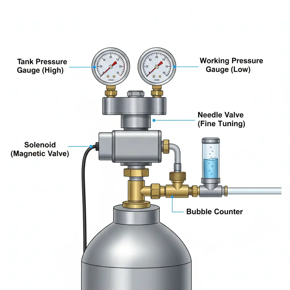 Aquarium CO2 regulator diagram showing working pressure gauge, solenoid, and needle valve parts