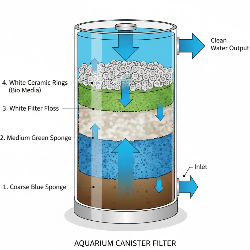 Aquarium filter media order diagram showing mechanical sponge before biological ceramic rings