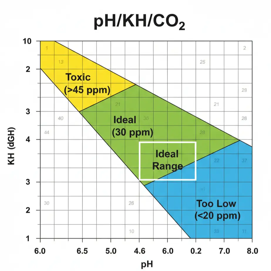 Aquarium pH KH CO2 chart showing the safe zone of 30ppm for planted tanks