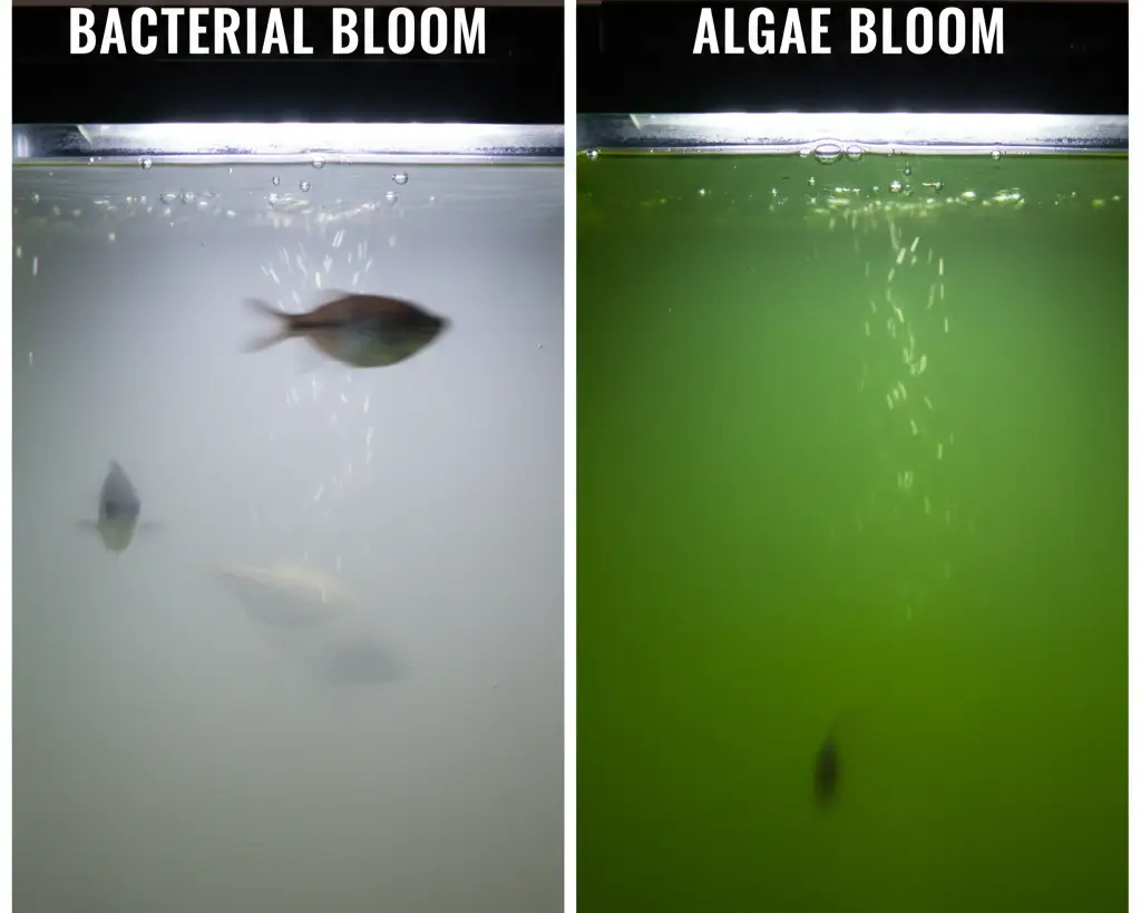 Bacterial bloom vs algae bloom comparison showing milky white water versus green aquarium water for identification