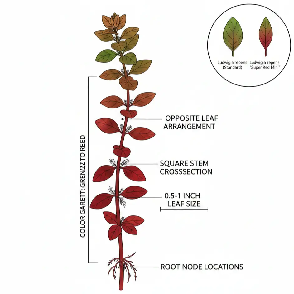 Botanical illustration of Ludwigia repens Super Red Mini showing opposite leaf arrangement, color gradient from green apex to crimson base, and 0.5-1 inch leaf size compared to standard variety