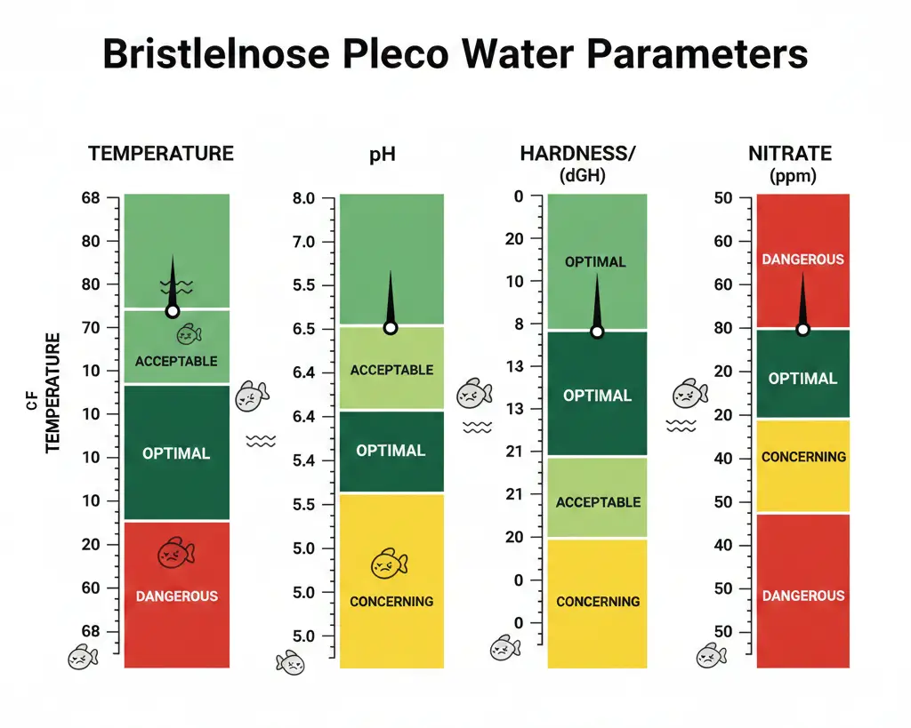 Bristlenose pleco water parameter infographic showing optimal ranges: temperature 75-79°F, pH 6.5-7.2, hardness 6-12 dGH, nitrate below 20ppm with color zones
