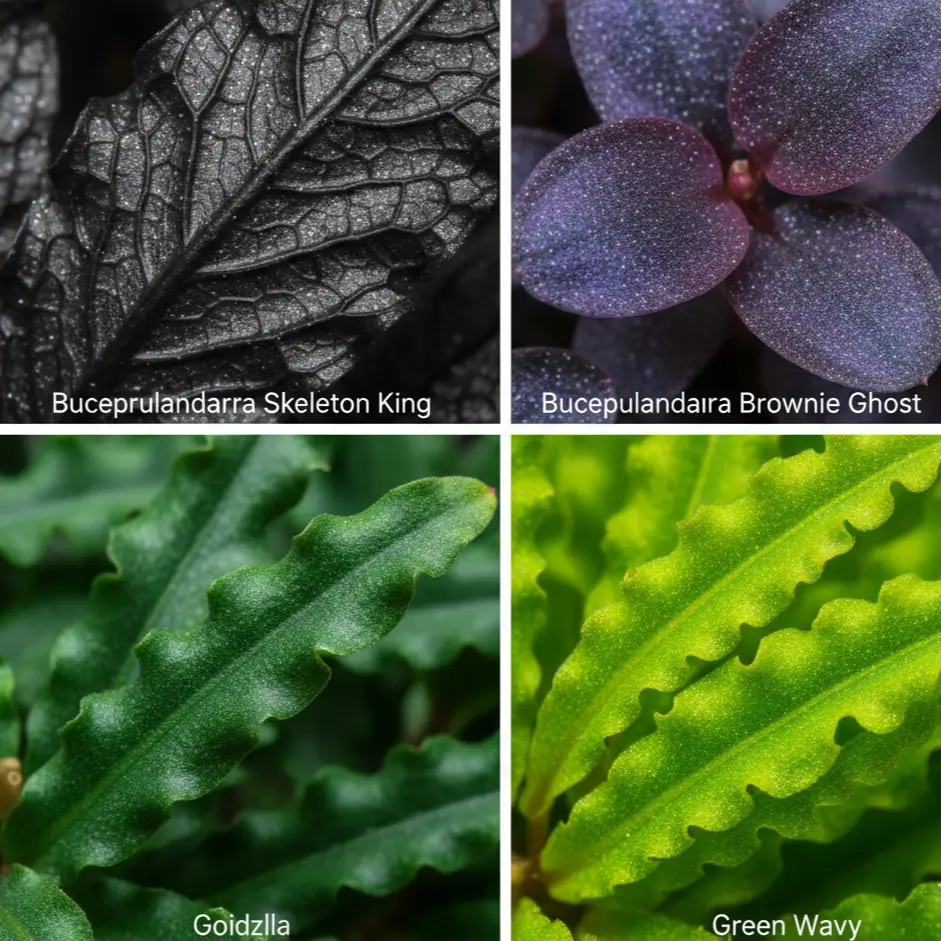 Bucephalandra varieties comparison showing Skeleton King ribbed texture vs Brownie Ghost purple leaves and Godzilla wavy patterns.