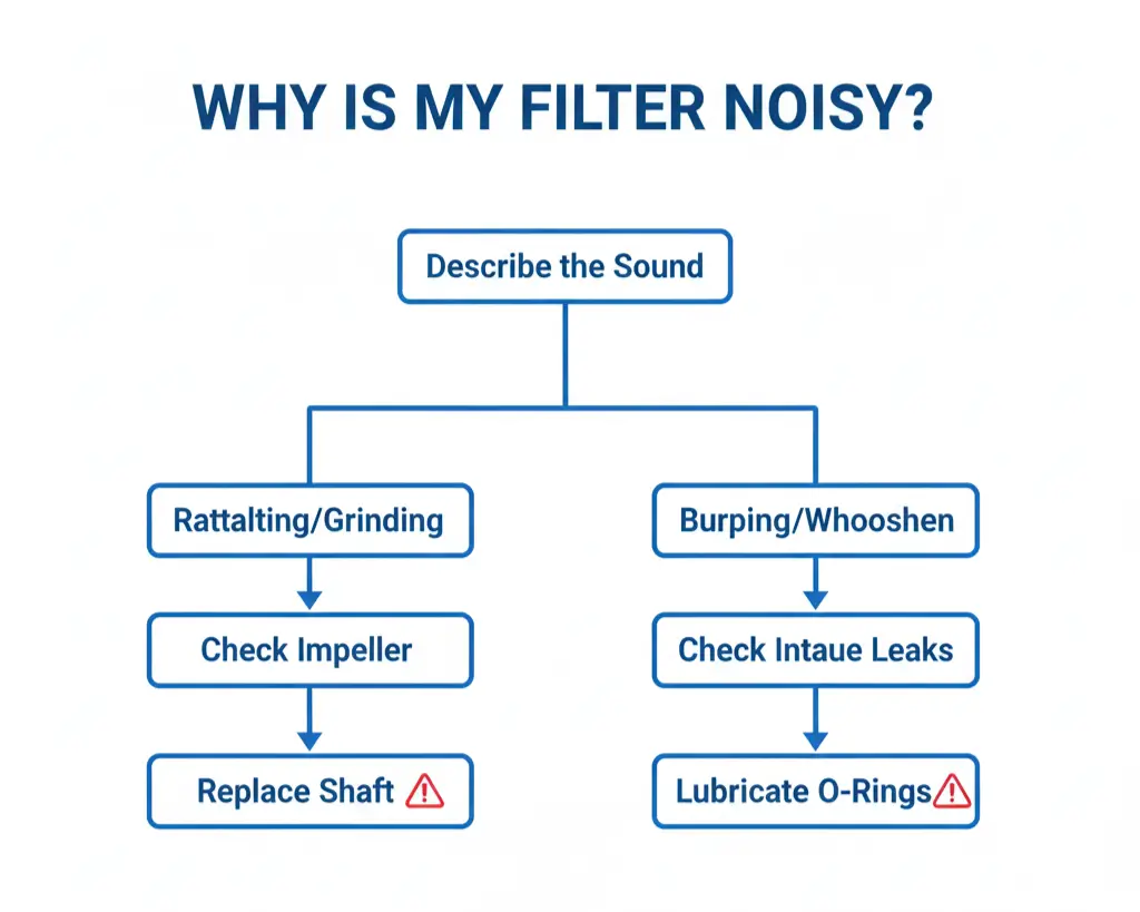 Canister filter troubleshooting flowchart for rattling impellers and air leaks