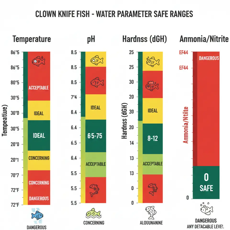 Clown knife fish water parameter infographic showing optimal ranges: 
76-80°F temperature, pH 6.5-7.5, hardness 8-12 dGH, ammonia and nitrite 
must be zero