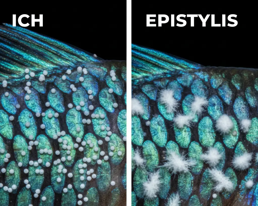 Comparison of Ich white spot disease vs Epistylis on aquarium fish skin showing size and texture differences