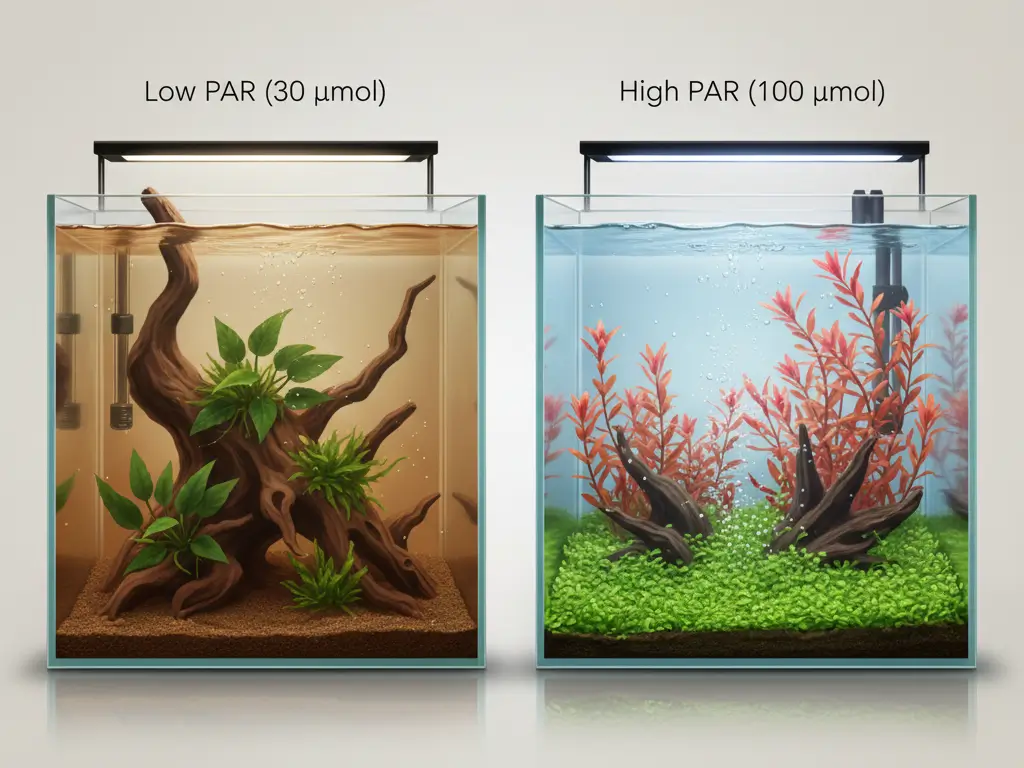 Comparison of low PAR planted tank with Anubias versus high PAR tank with red plants and CO2 injection