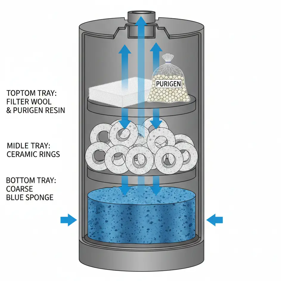 Correct canister filter media order diagram showing coarse sponge bottom and biological media top for planted tanks