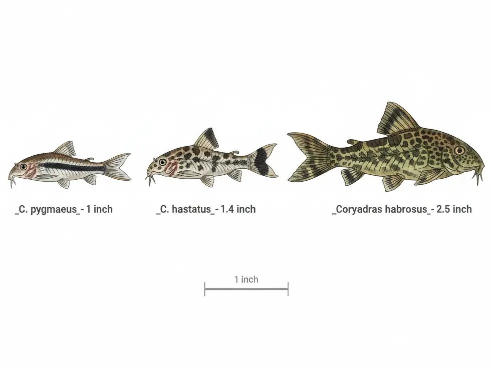 Side-by-side size comparison of four Corydoras species: C. pygmaeus 1 inch, C. hastatus 1 inch, C. habrosus 1.4 inches, C. paleatus 2.5 inches