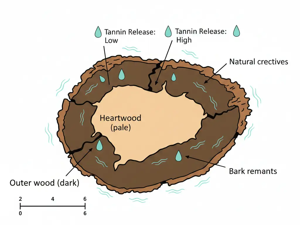 Cross-section diagram of mopani wood showing two-tone coloring with pale heartwood center and dark outer wood layers, labeled tannin release zones