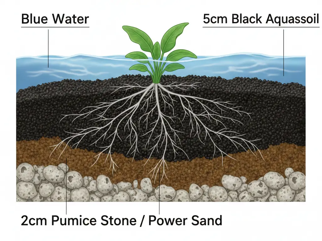 Cross section of aquarium substrate showing ADA Aquasoil over Power Sand base for optimal root growth