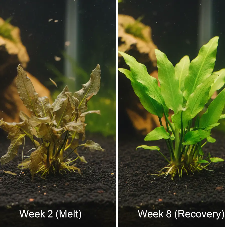 Cryptocoryne melt before and after recovery in ADA Aquasoil showing new leaf growth