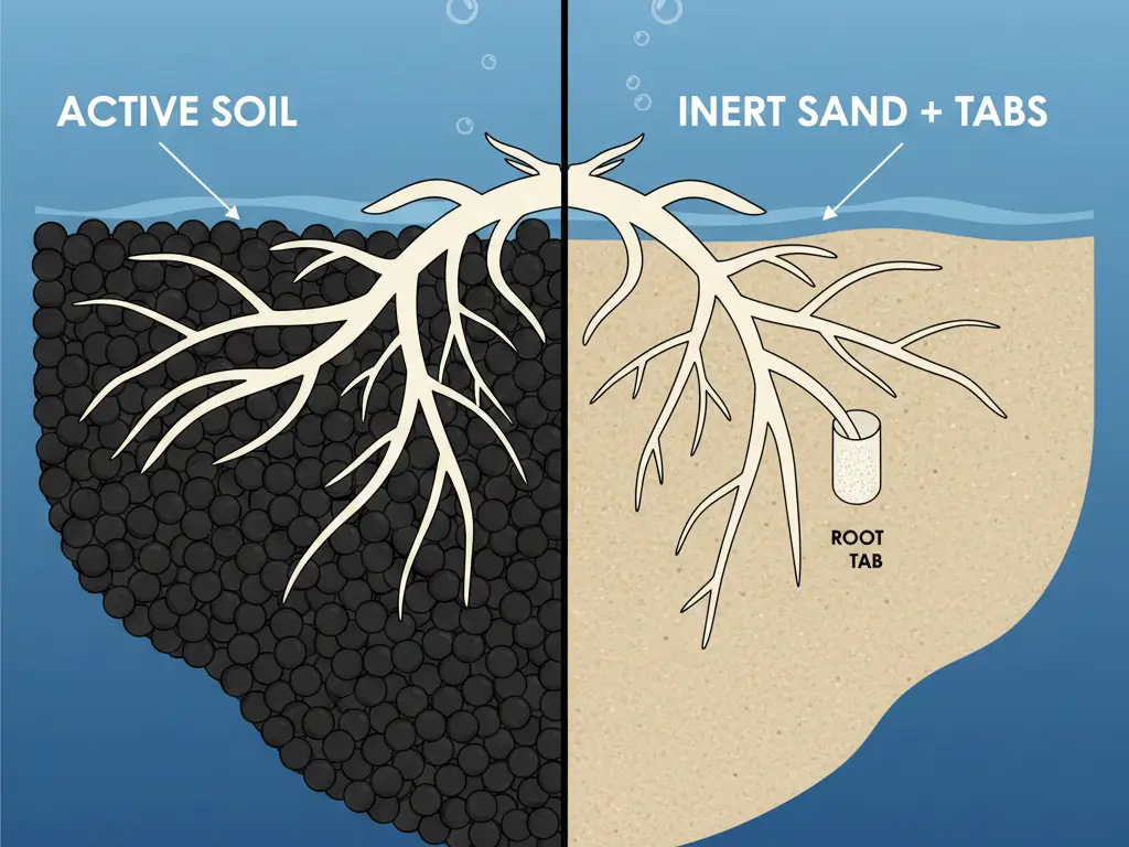 Cryptocoryne wendtii root growth comparison in aquasoil vs sand with root tabs