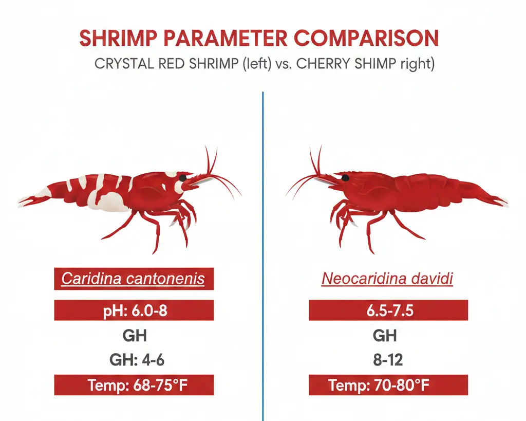 Crystal Red Shrimp vs Cherry Shrimp comparison showing key differences: CRS requires pH 6.0-6.8 and GH 4-6, Cherry Shrimp needs pH 6.8-8.0 and GH 6-12