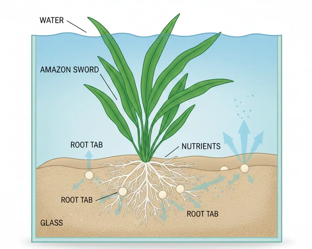 Diagram showing proper placement of root tabs in pool filter sand substrate for Amazon Swords