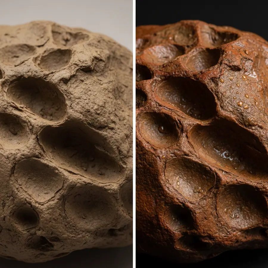 Dirty vs cleaned Dragon Stone comparison showing clay removal and vibrant orange color transformation after washing