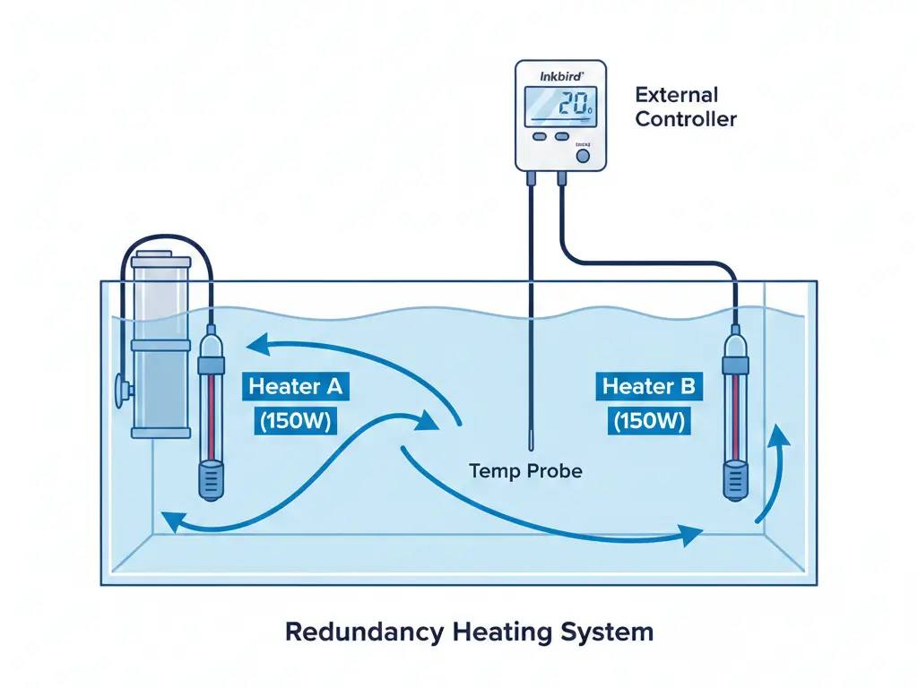 Dual aquarium heater setup diagram showing redundancy strategy with two heaters and external temperature controller for safety