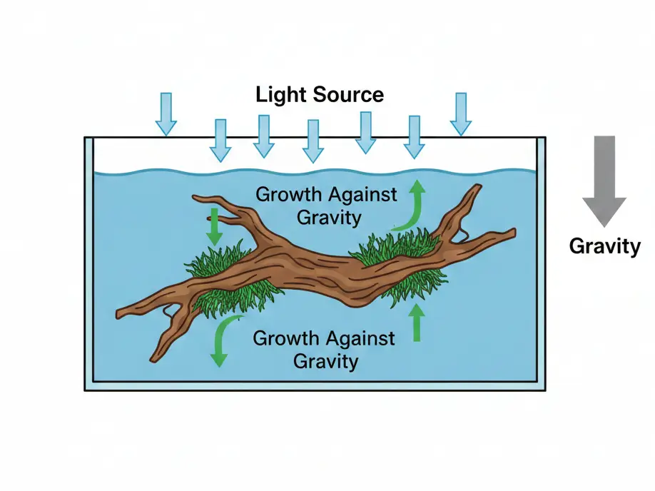 Diagram showing flame moss vertical growth pattern caused by negative gravitropism, with moss growing upward against gravity regardless of light direction