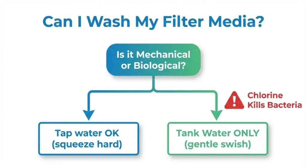 Flowchart guide for cleaning aquarium filter media biological vs mechanical without killing bacteria