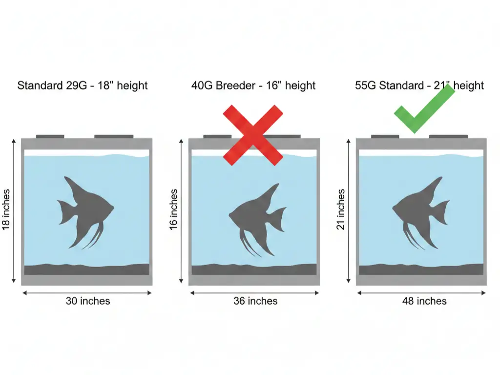 Side-by-side comparison diagram showing adult angelfish in 29-gallon, 40-gallon breeder, and 55-gallon tanks—demonstrating why 21-inch height is optimal
