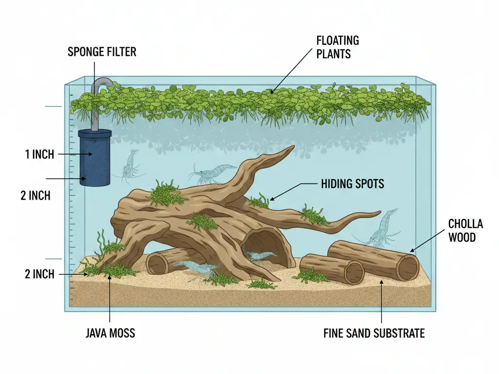 Ghost shrimp tank setup diagram showing ideal 10-gallon configuration with sponge filter, fine sand, java moss on driftwood, and multiple hiding spots