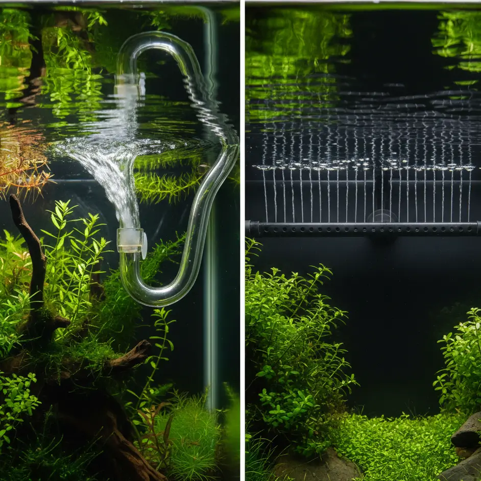 Glass lily pipe vs plastic spray bar flow comparison for planted aquarium setups