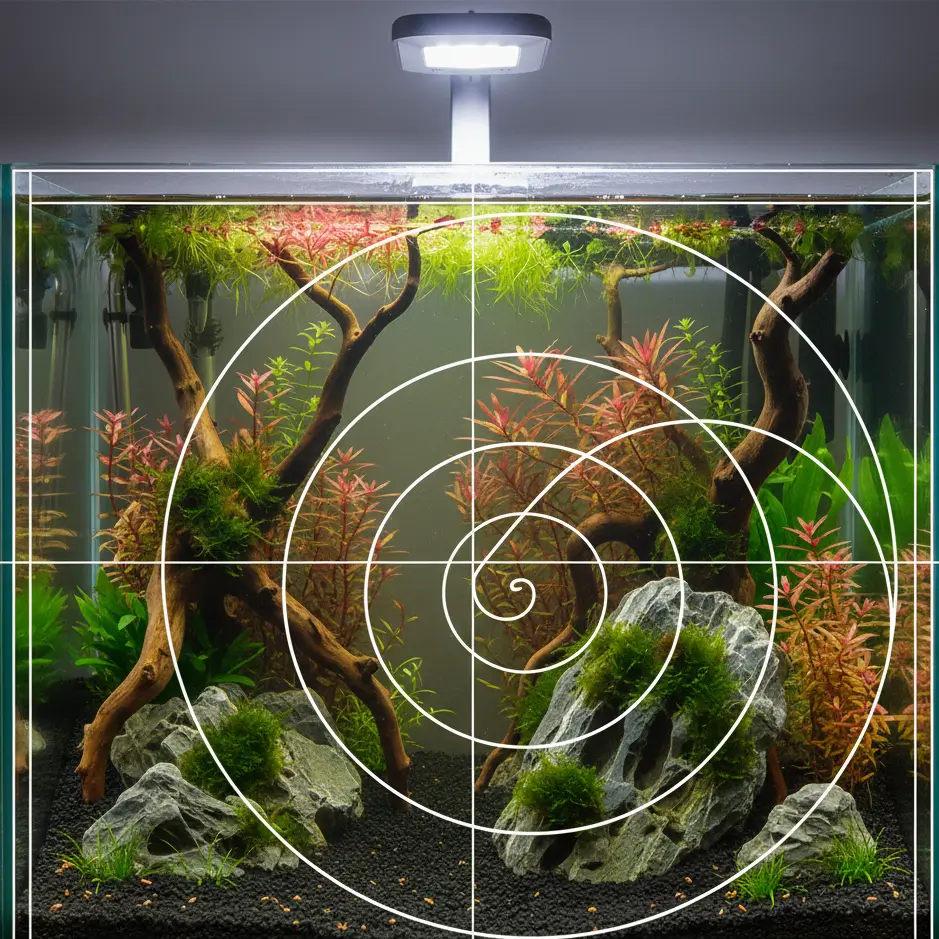 Golden ratio aquascaping diagram showing rule of thirds grid over planted tank hardscape