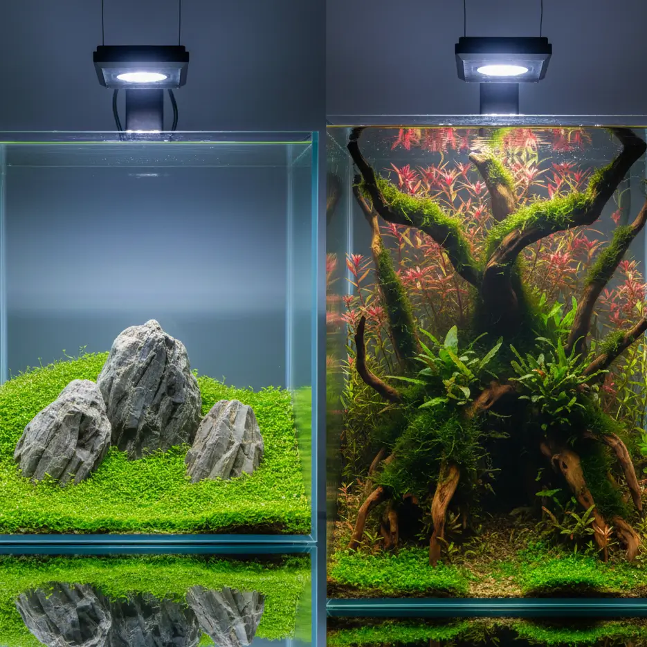 Iwagumi vs Ryuboku aquascape styles showing stone layout on left and driftwood forest layout on right