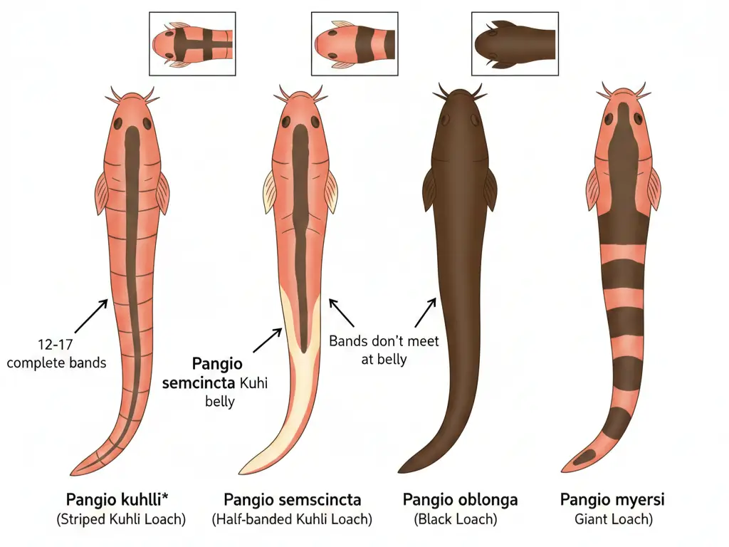 Kuhli loach species identification diagram comparing Pangio kuhlii, P. semicincta, P. oblonga, and P. myersi showing band patterns and size differences