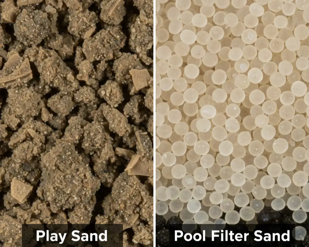 Macro comparison of pool filter sand grains vs play sand showing size uniformity and lack of dust.