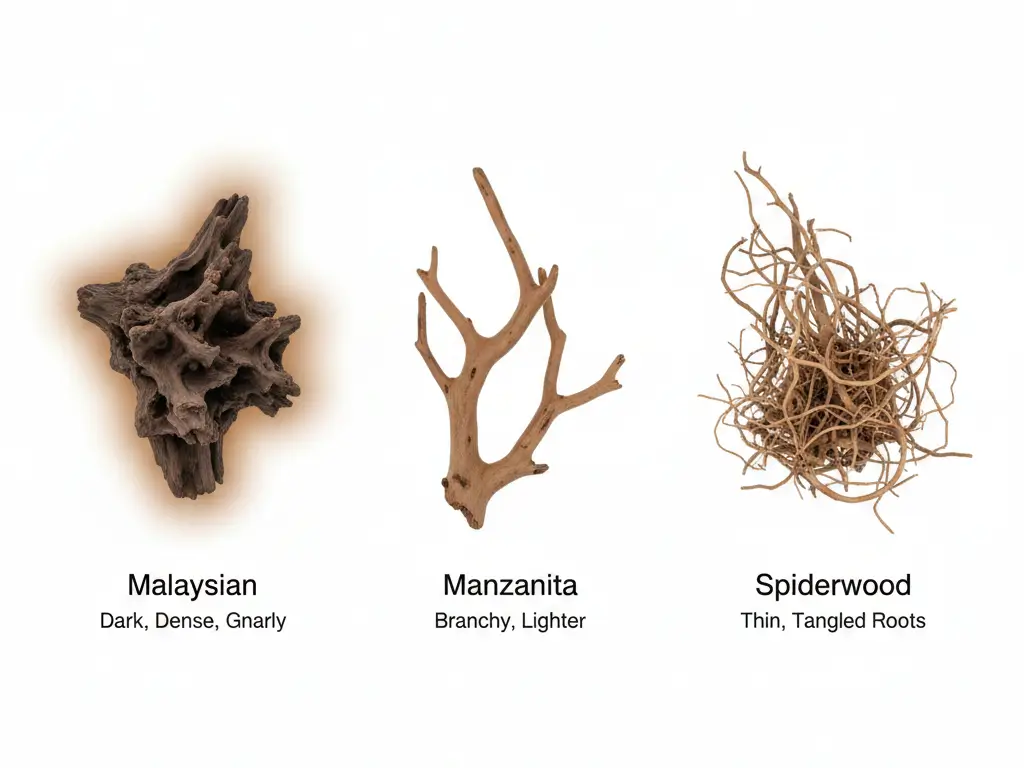 Malaysian driftwood comparison showing dense dark Malaysian wood releasing amber tannins versus lighter Manzanita and thin Spiderwood pieces