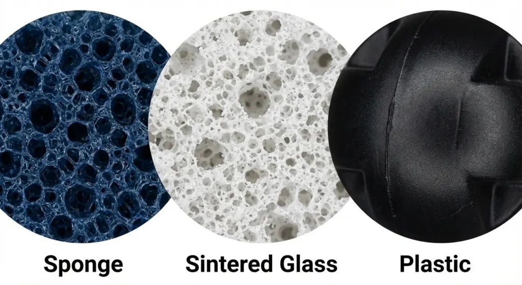 Microscopic comparison of filter media surface area sponge vs sintered glass