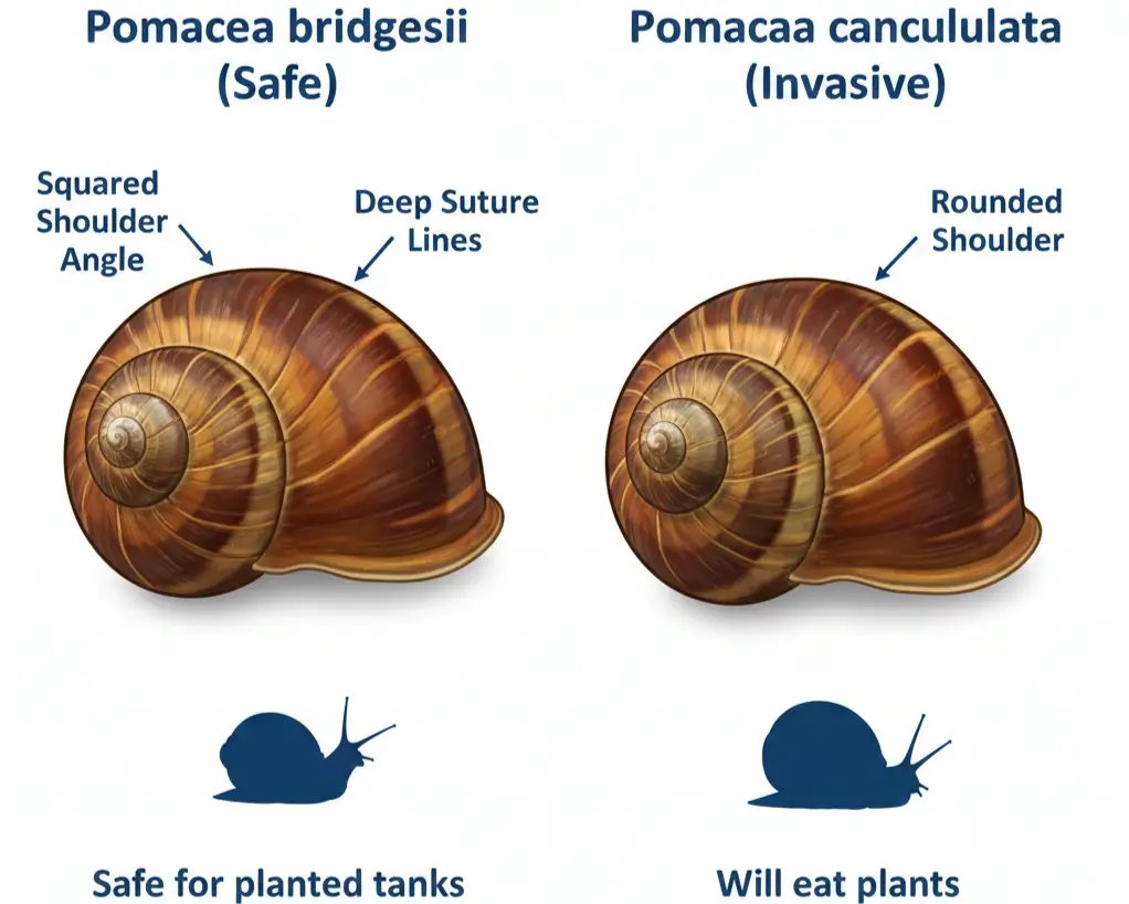 Side-by-side shell comparison diagram showing Pomacea bridgesii mystery snail identification features versus invasive Pomacea canaliculata species differences