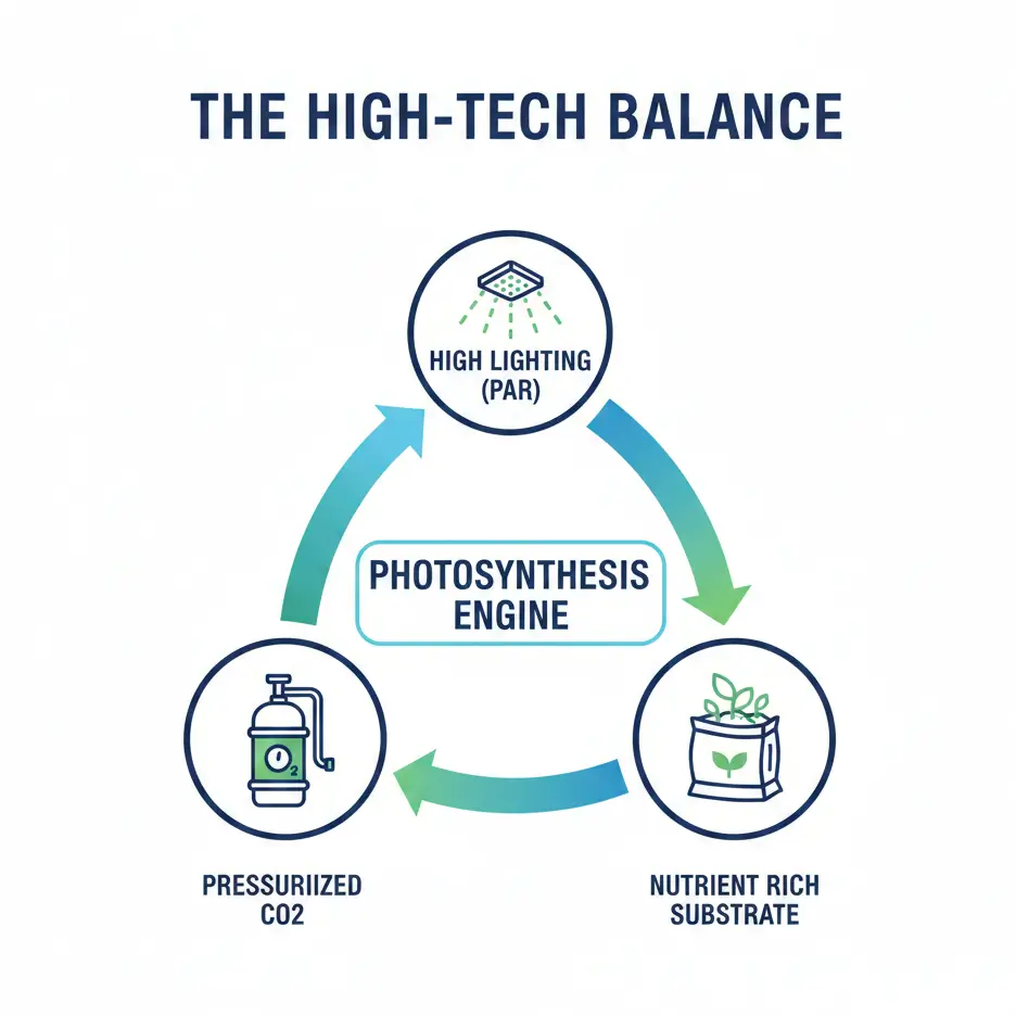 Nature aquarium equipment diagram showing relationship between light, CO2 and aquasoil
