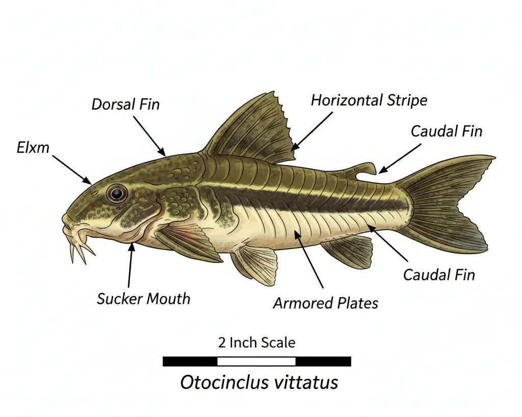 Otocinclus vittatus identification diagram showing 2-inch dwarf sucker catfish with labeled lateral stripe, sucker mouth, and armored body plates