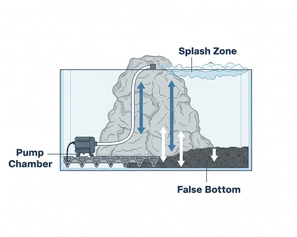 Paludarium waterfall diagram showing pump placement, false bottom drainage, and water flow path to prevent leaks