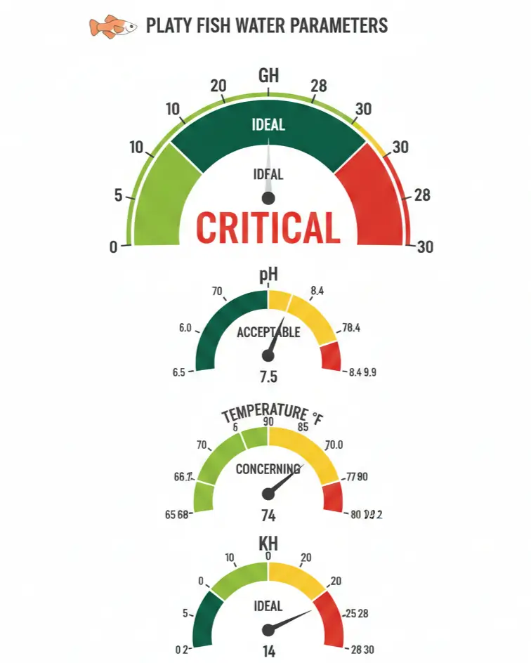 Platy fish water parameter gauge showing critical GH requirement of 10-28 dGH, pH 7.0-8.4, and temperature 70-77°F with color-coded safety zones.