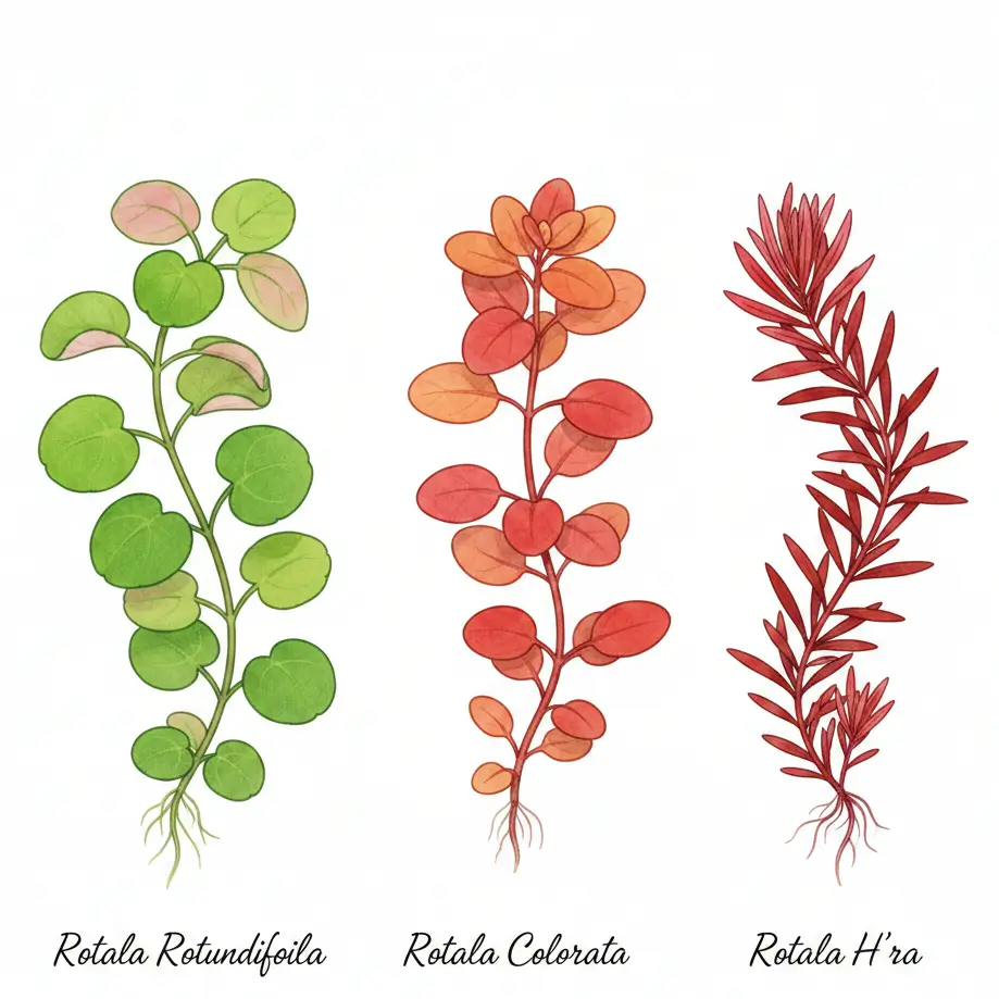 Rotala rotundifolia vs H'ra vs Colorata leaf shape and color comparison for aquarium identification.