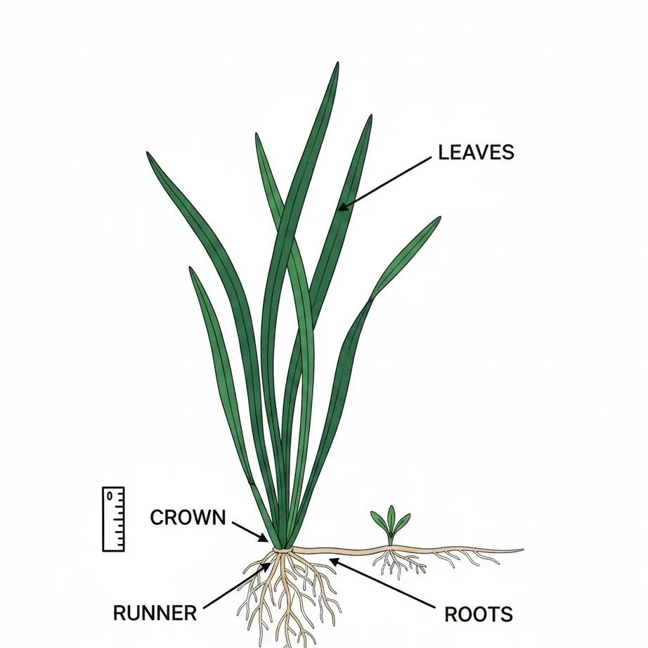 Sagittaria subulata plant anatomy diagram showing blade-shaped leaves, crown, horizontal runner producing baby plant, and root system. Botanical illustration