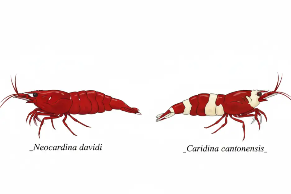 Side-by-side comparison of cherry shrimp (Neocaridina davidi) solid red coloration versus crystal red shrimp (Caridina) with red and white banding patterns