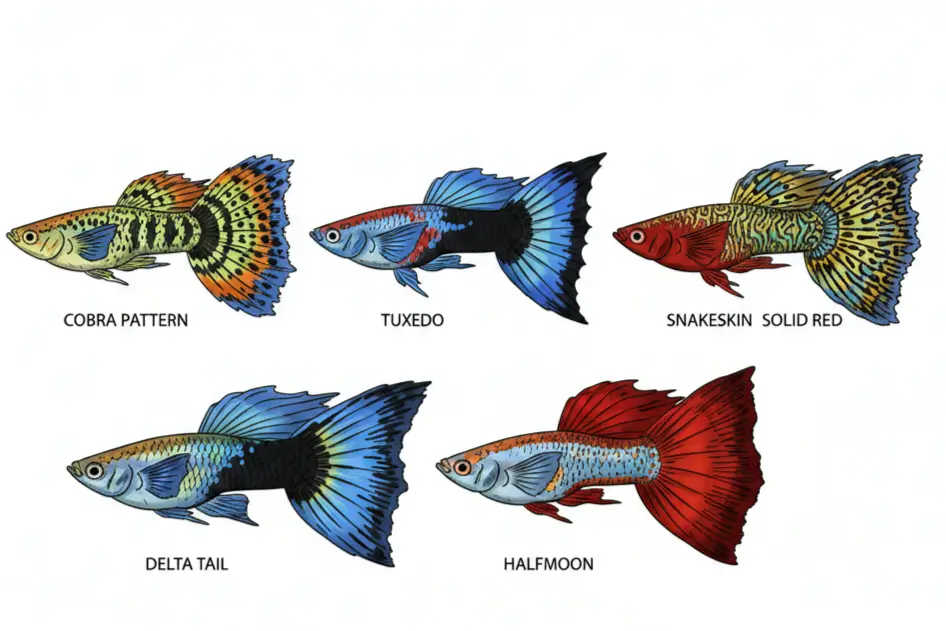 Six fancy guppy varieties comparison showing cobra, tuxedo, delta tail, halfmoon, snakeskin, and solid red male specimens with labeled finnage types