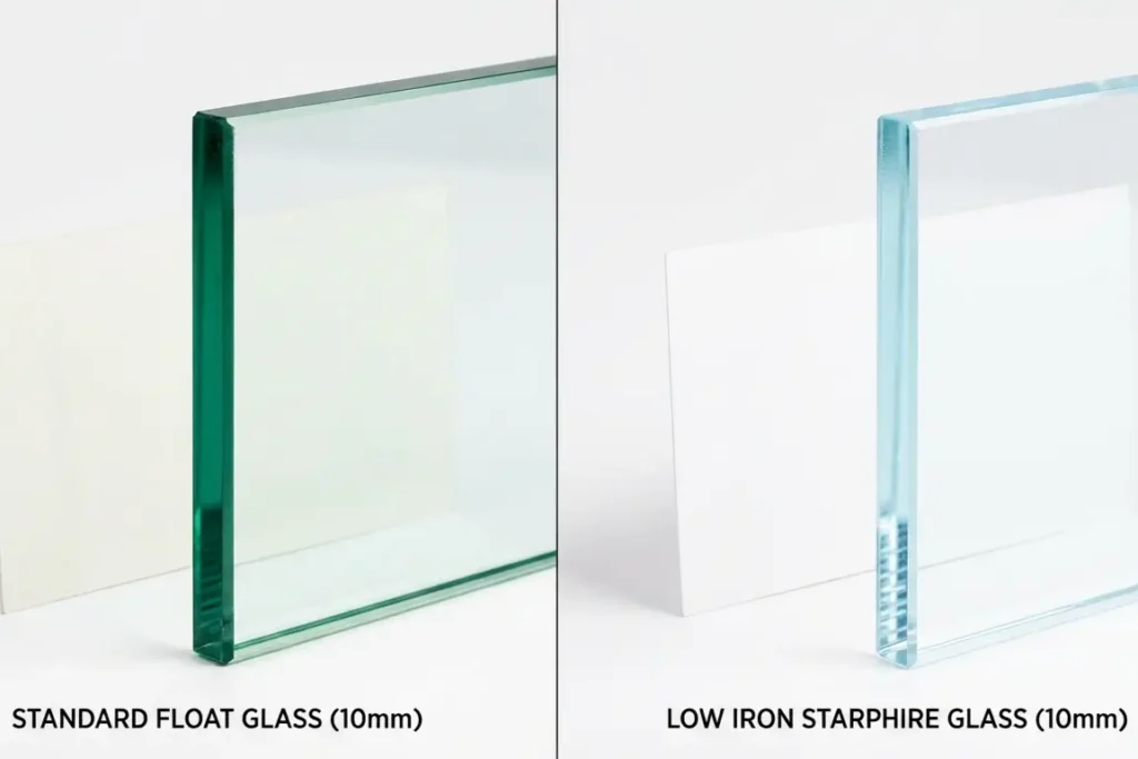 Standard aquarium glass green tint vs low iron glass clarity comparison showing light transmission difference on white background