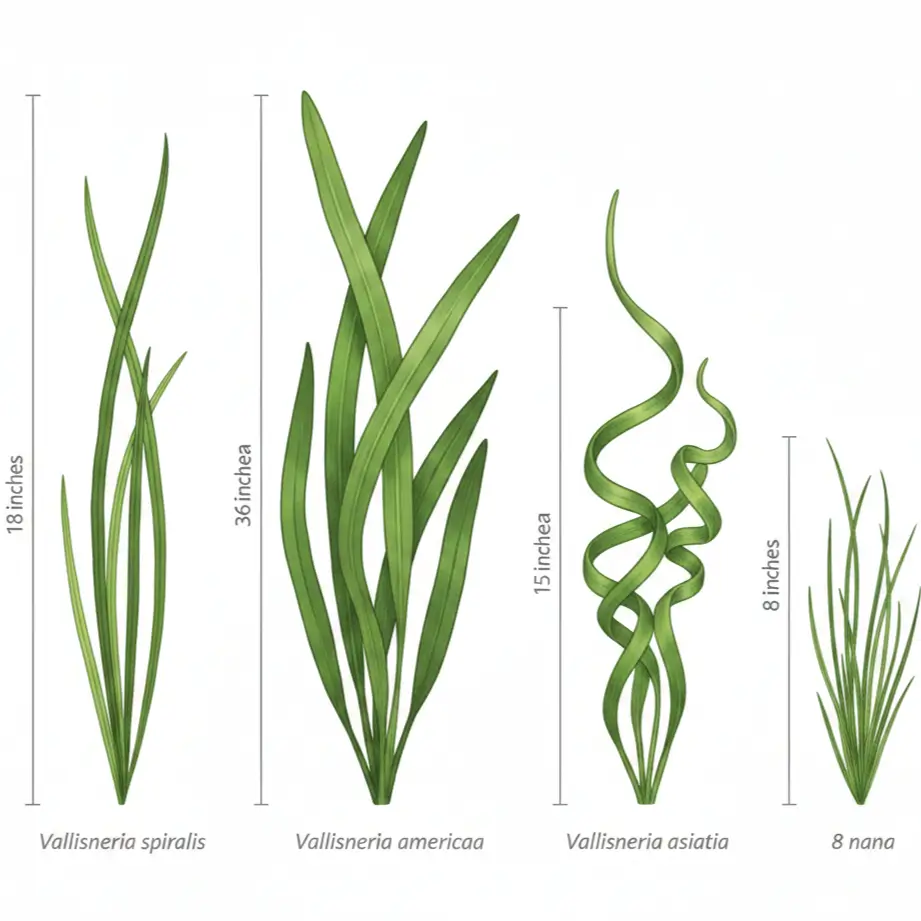 Vallisneria species comparison showing V. spiralis, V. americana, V. asiatica, and V. nana with labeled heights from 8-36 inches—key identification features.