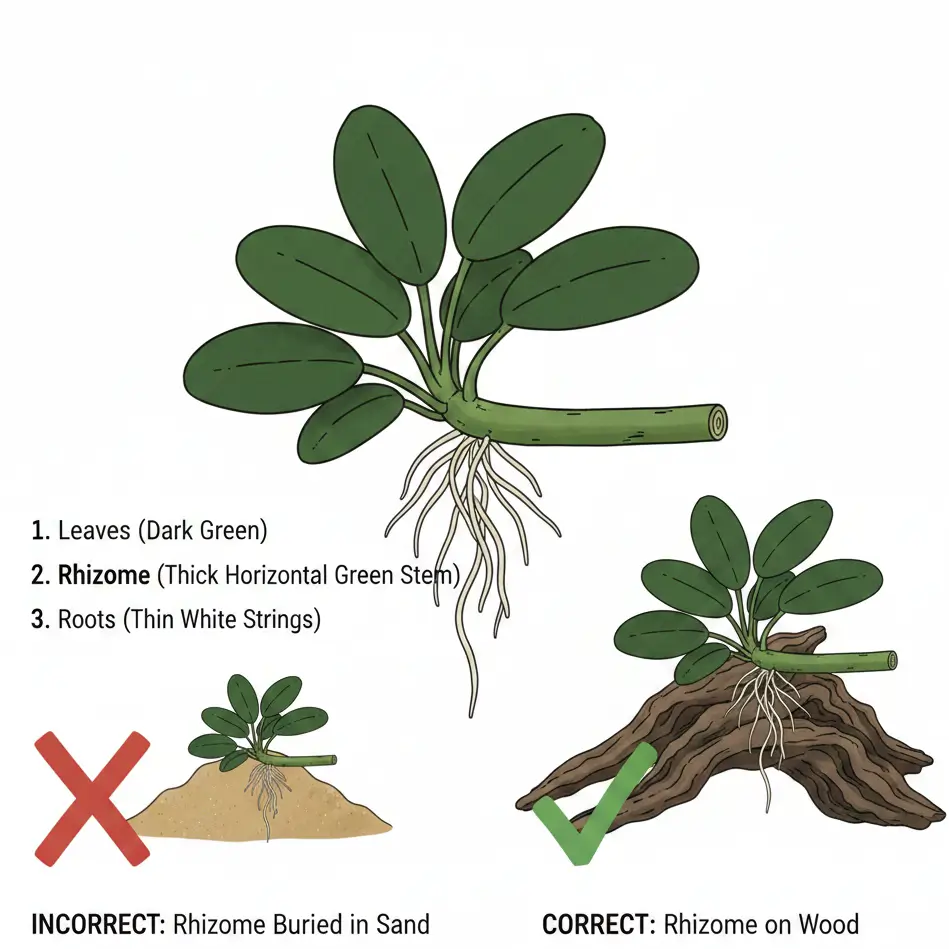 Anubias Nana Petite rhizome anatomy diagram showing correct planting depth on driftwood to prevent rot.