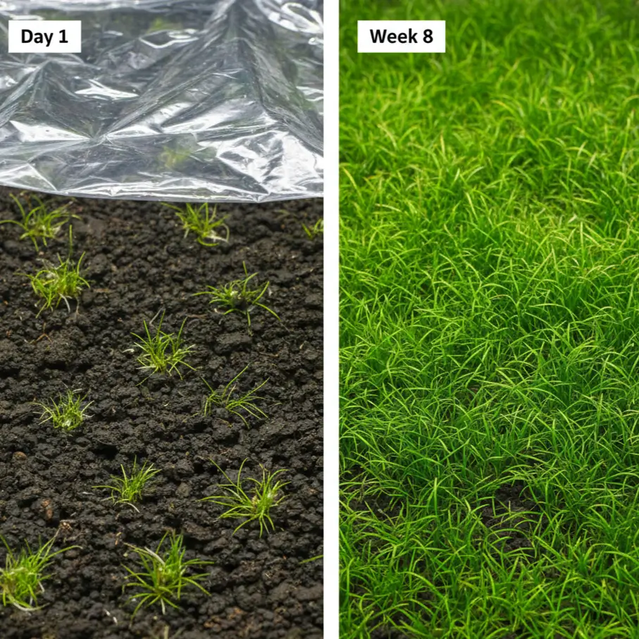 Dry start method timeline showing dwarf hairgrass growth from plugs to full carpet in 8 weeks without CO2