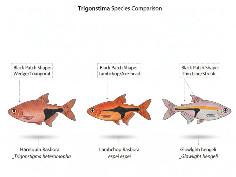 Side-by-side comparison of three Trigonostigma species showing harlequin rasbora's triangular black patch versus lambchop and glowlight markings